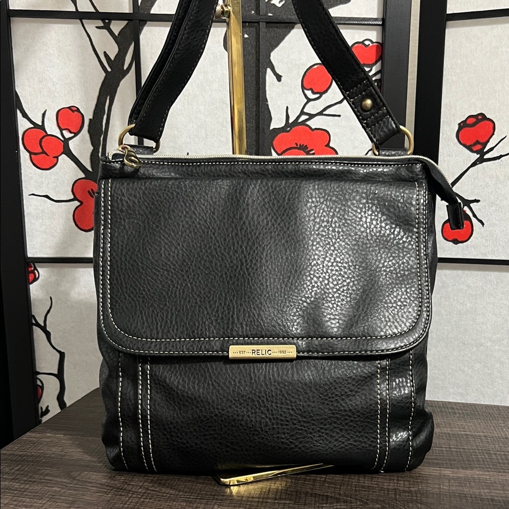 Relic Black Leather Messenger Bag with White Stitching